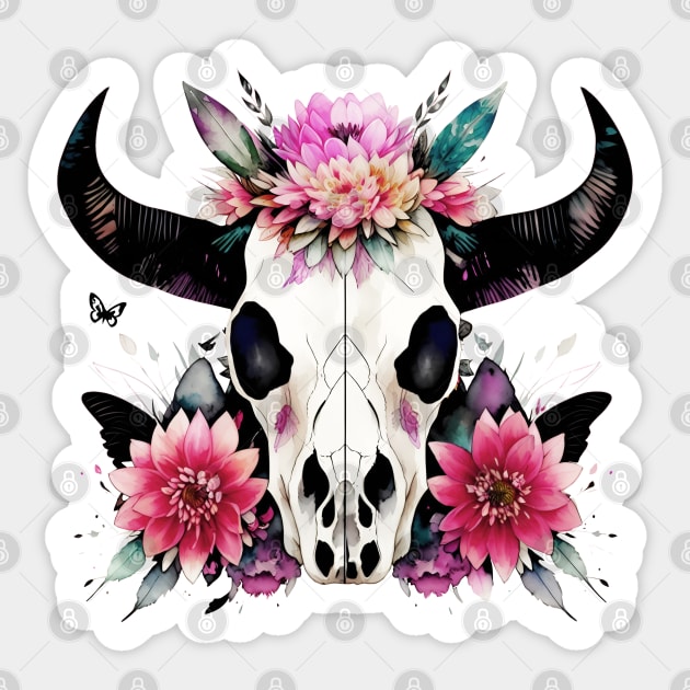 Cow Skull and floral crown, boho, bull skull, watercolor style Sticker by Collagedream